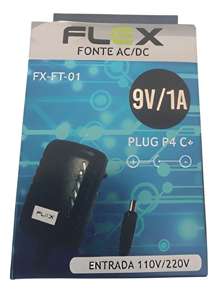 FONTE DE ALIMENTACAO 9V 1A PLUG P4 C+ FLEX FX-FT-01