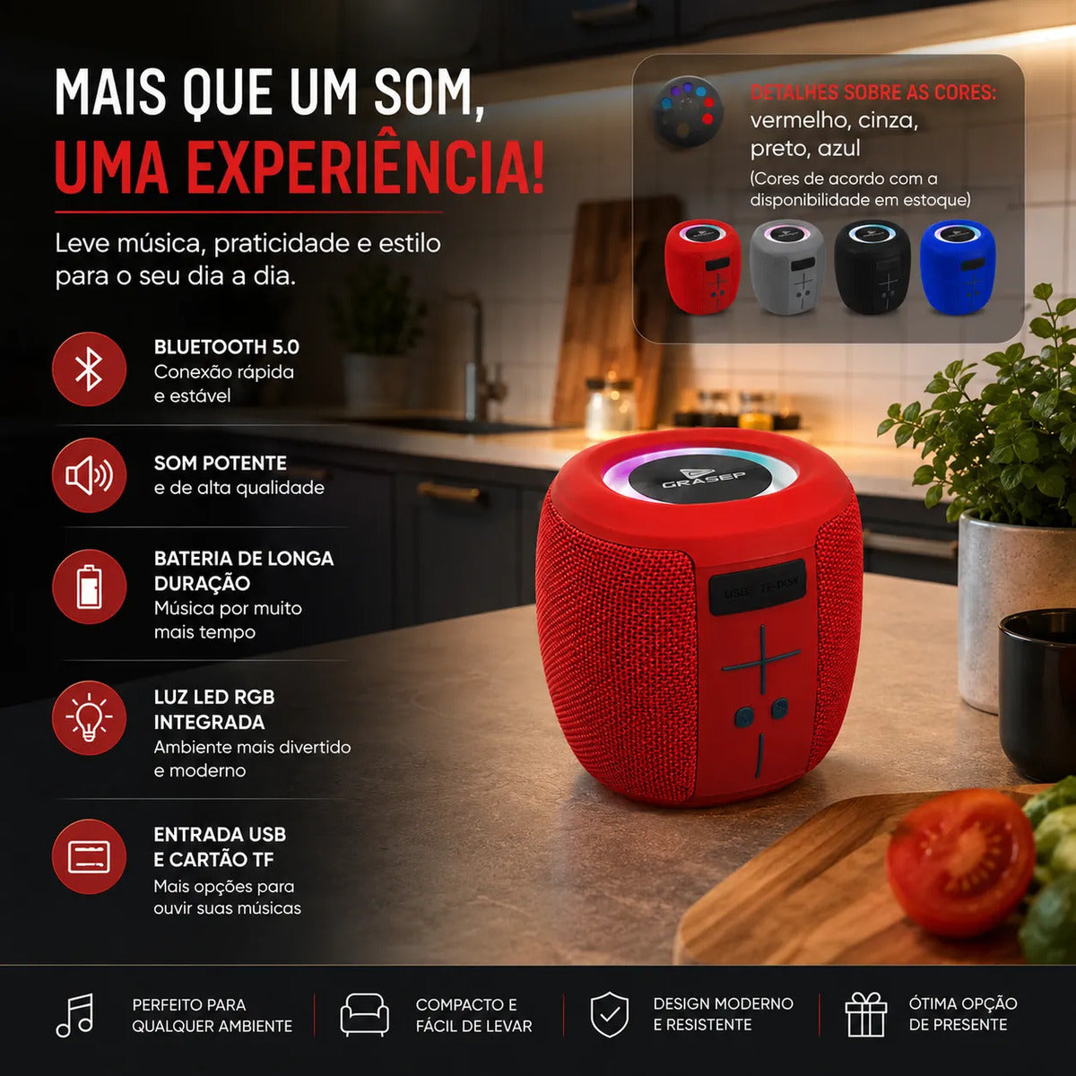 Caixa de Som Bluetooth Portátil RGB 8W com Bateria Recarregável Grasep D-G886