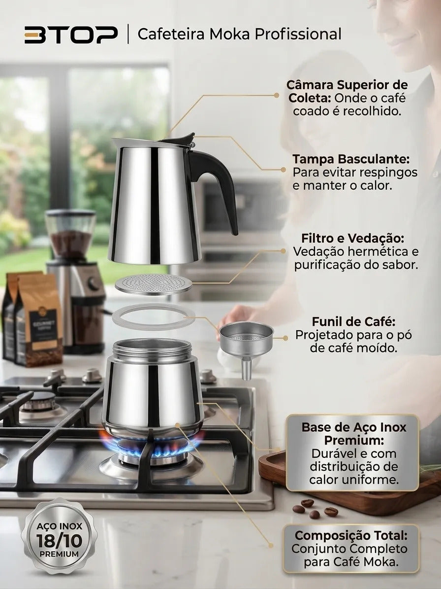 Bule de Café Cafeteira Italiana Moka em Aço Inox 450ml B-Top BP-6022