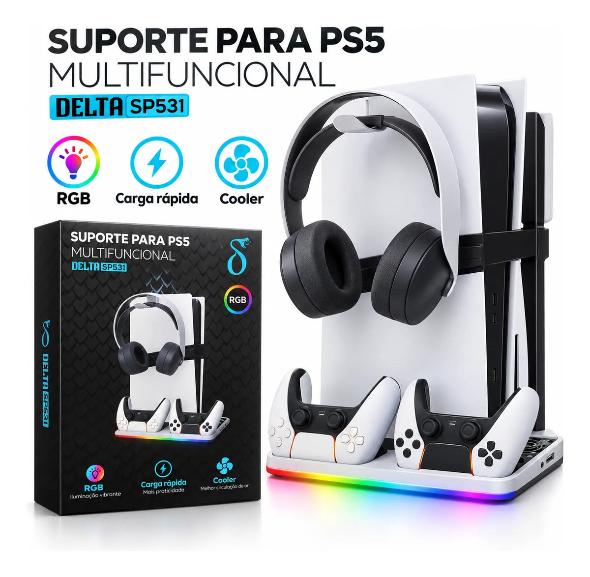 Suporte Multifuncional para PS5 com Carregador de Controles, Cooler e RGB Aitek SP531