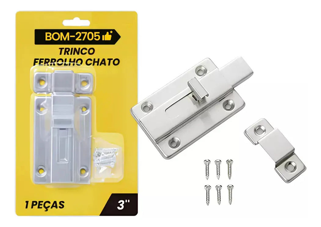 Trinco Ferrolho Chato 3" em Aço Inox com Parafusos Bomvink BOM-2705