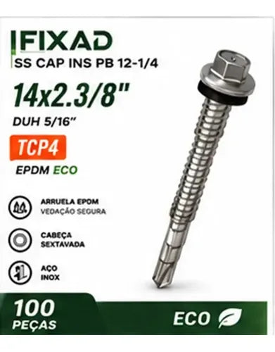 Parafuso Autobrocante Hard SS Cap Cabeça Inox PB 12-1/4 TCP4 EPDM para Telha Sanduíche – 100 Peças – foto 3