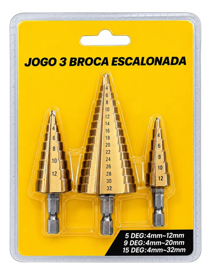 Kit com 3 Brocas Escalonadas 4-12, 4-20 e 4-32 mm Bomvink BOM-5021