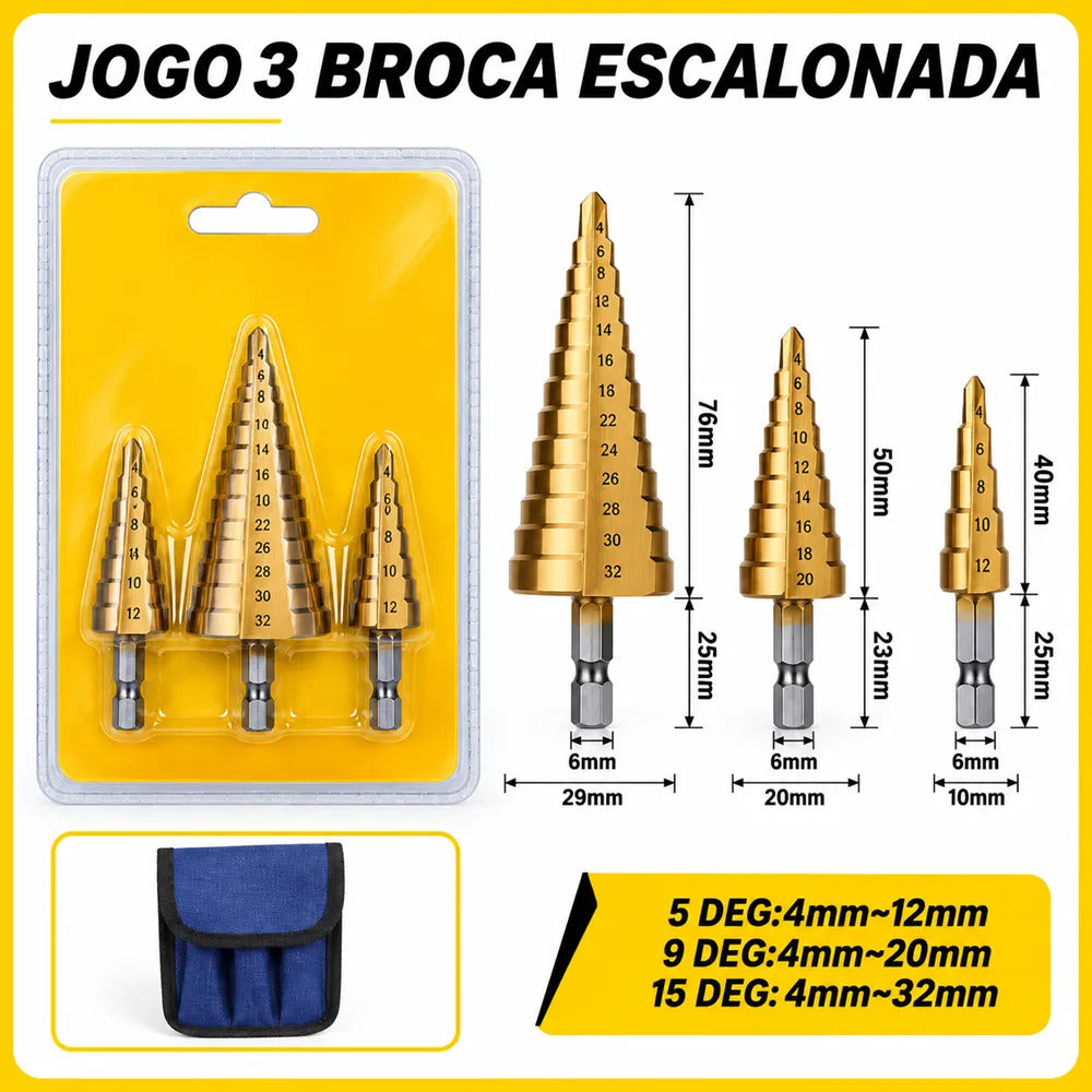Kit com 3 Brocas Escalonadas 4-12, 4-20 e 4-32 mm Bomvink BOM-5021