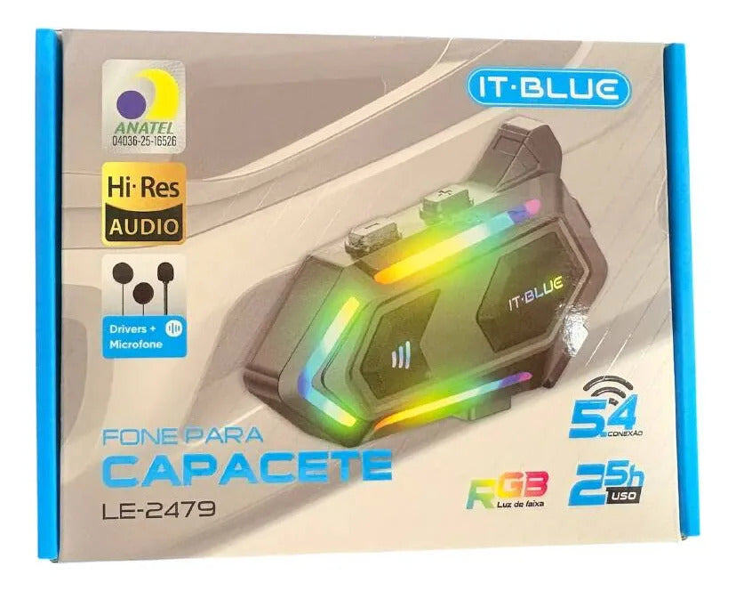 Fone de Ouvido Intercomunicador para Capacete RGB Bluetooth 5.4 com Rádio FM It-Blue LE-2479