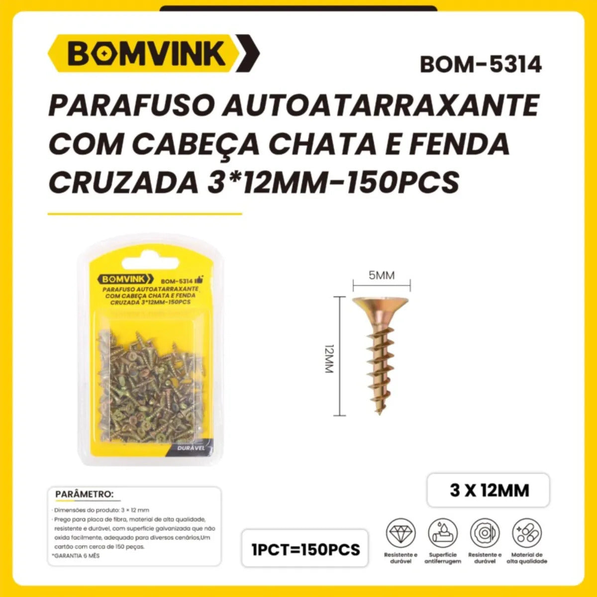 Kit com 150 Parafusos Autoatarraxantes Fenda Cruzada 3 x 12 mm Bomvink BOM-5314