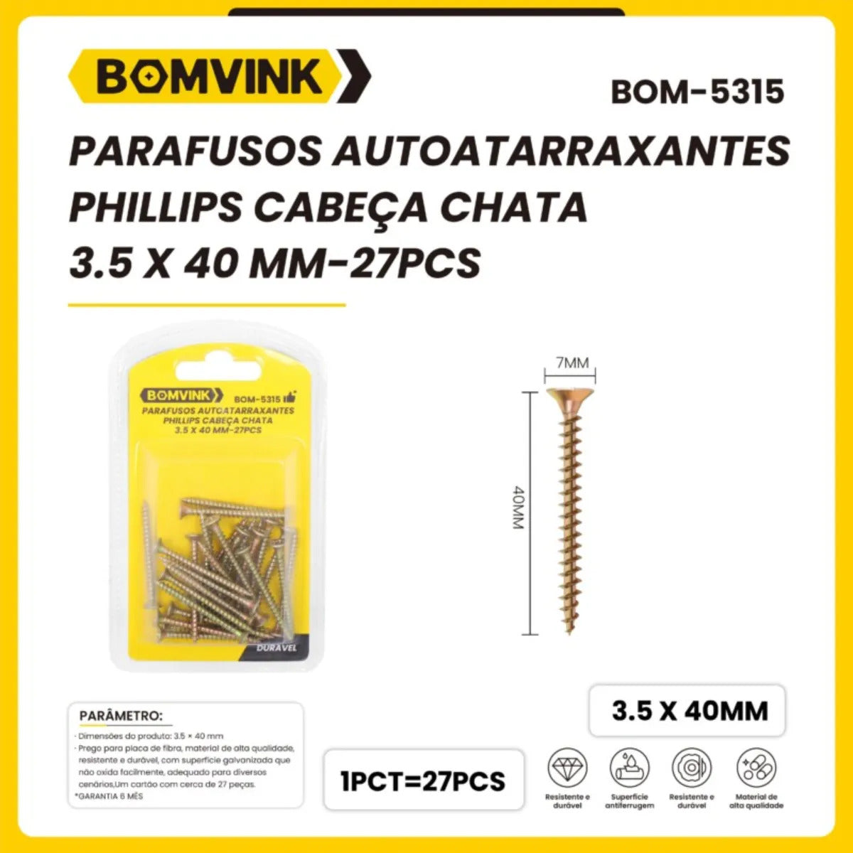 Kit com 27 Parafusos Autoatarraxantes Phillips 3,5 x 40 mm Bomvink BOM-5315