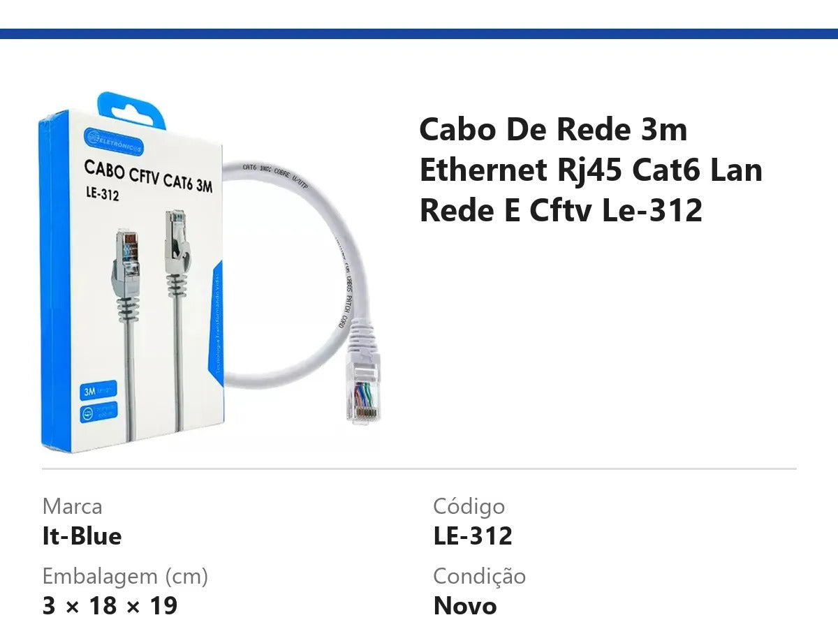 Cabo de Rede RJ45 Cat6 de 3 Metros com Conectores IT-Blue LE-312