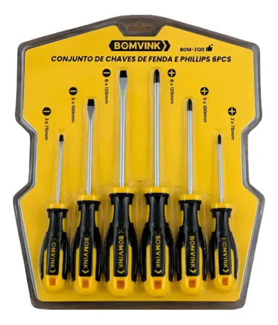 Conjunto de Chave de Fenda e Chave Phillips com 6 Peças Ponta Magnética Bomvink BOM-3120