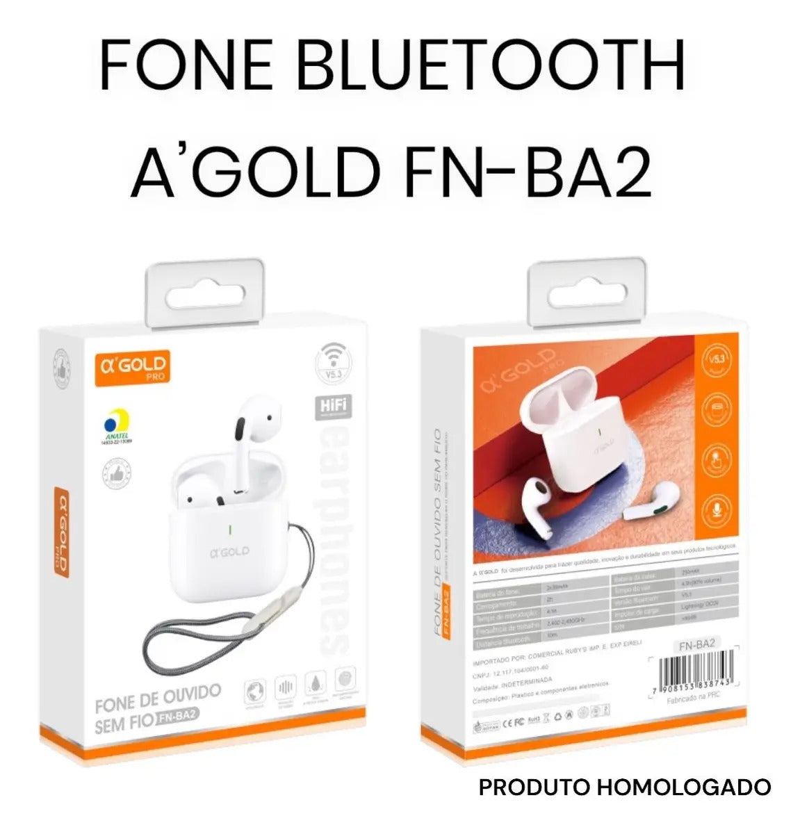 Fone de Ouvido Bluetooth 5.4 Sem Fio In-ear com Microfone e Resistência IPX4 A'Gold FN-BA2