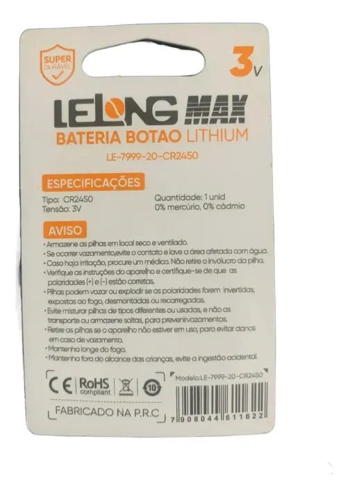 Bateria Botão de Lítio 3V CR2450 Lelong LE-7999-CR2450