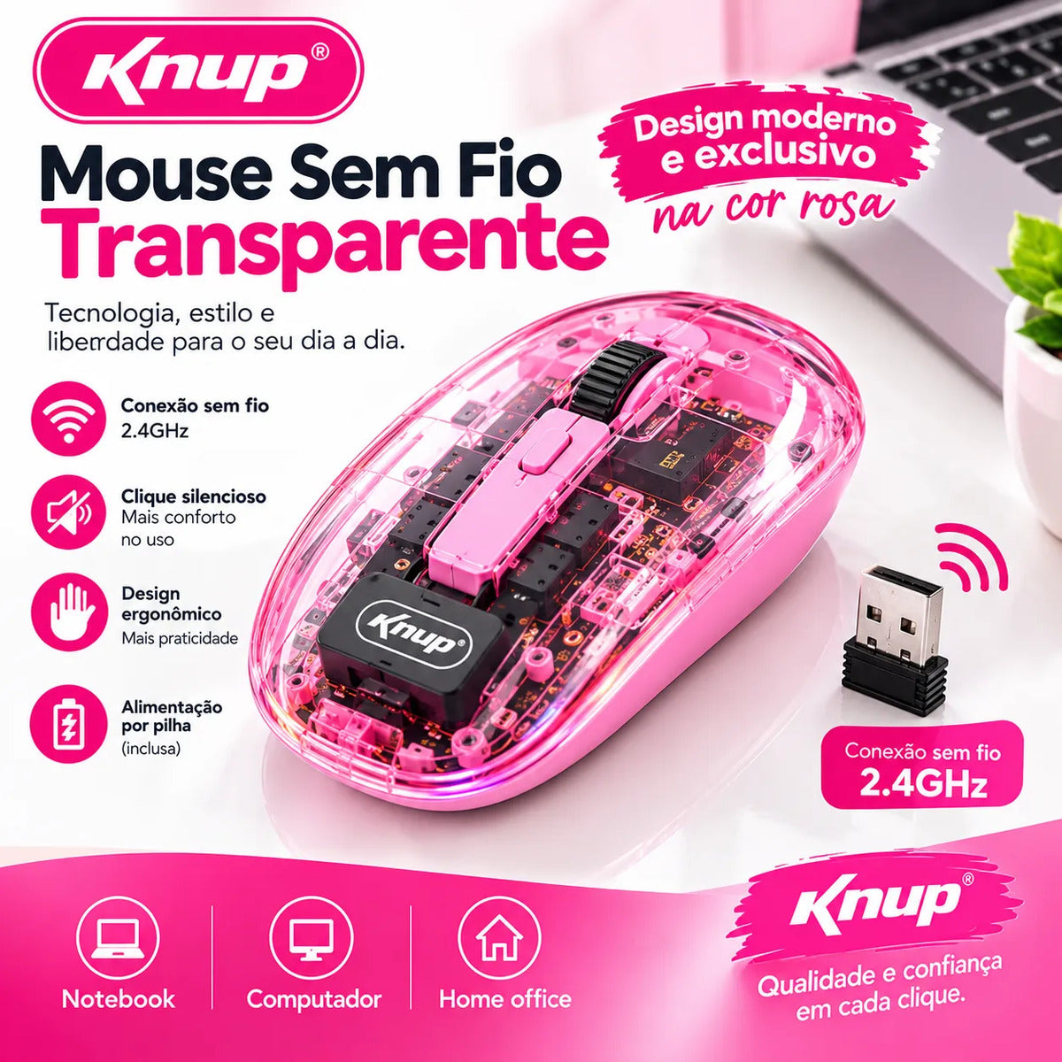 Mouse Sem Fio RGB 2.4 GHz com 3 Níveis de DPI 800/1200/1600 Ambidestro Knup KP-MU029