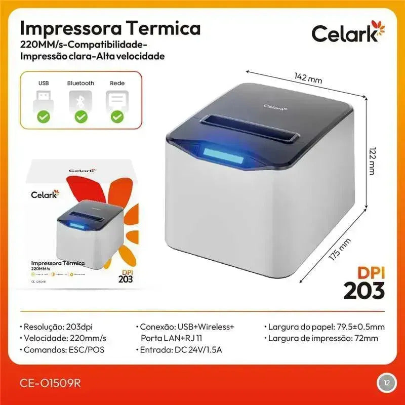 Impressora Térmica Wireless 203DPI USB Type-C Bateria 7.4V 2600mAh Celark CE-01517B