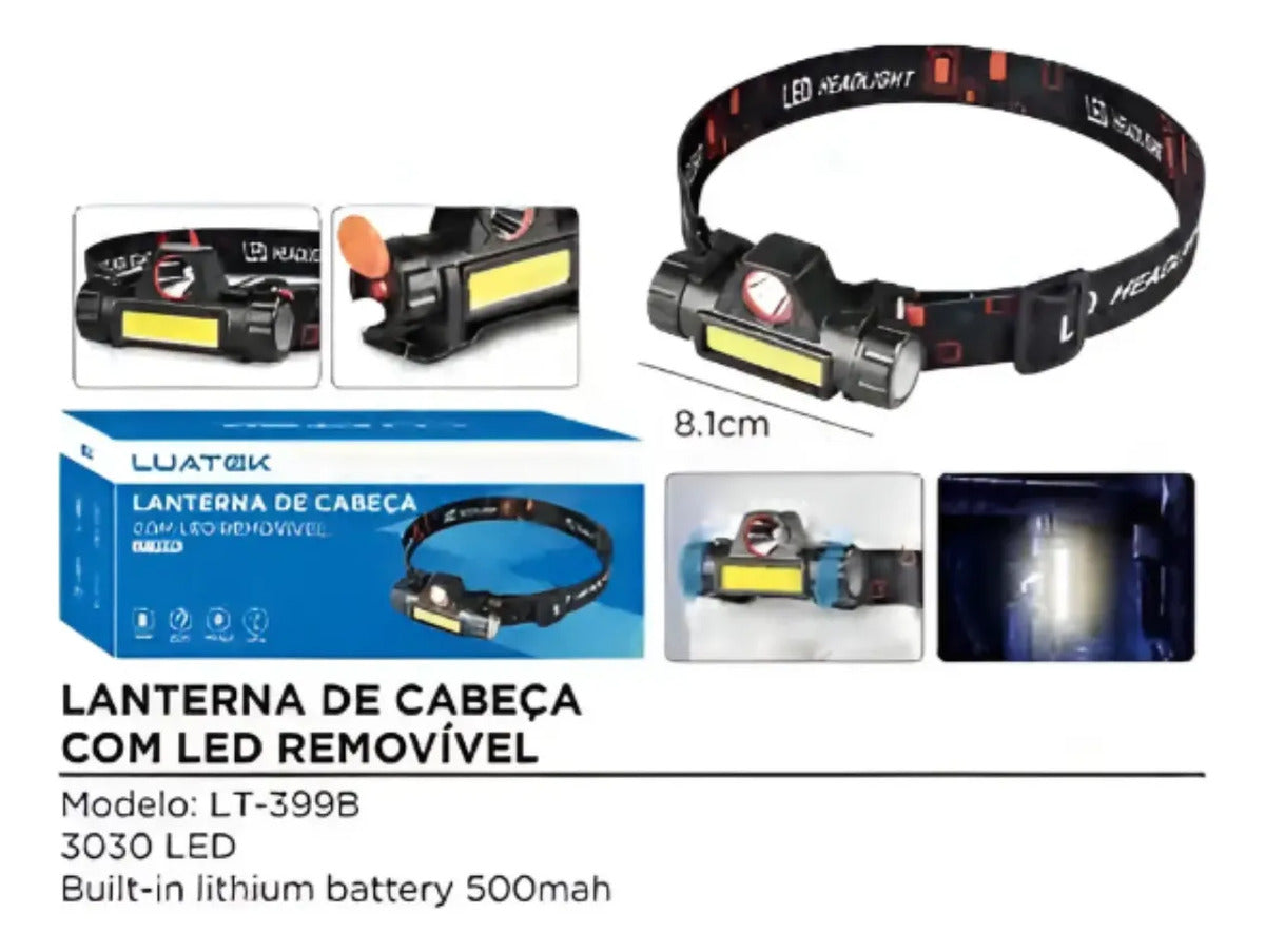 Lanterna de Cabeça LED Recarregável USB à Prova d'Água Luatek LT-399B