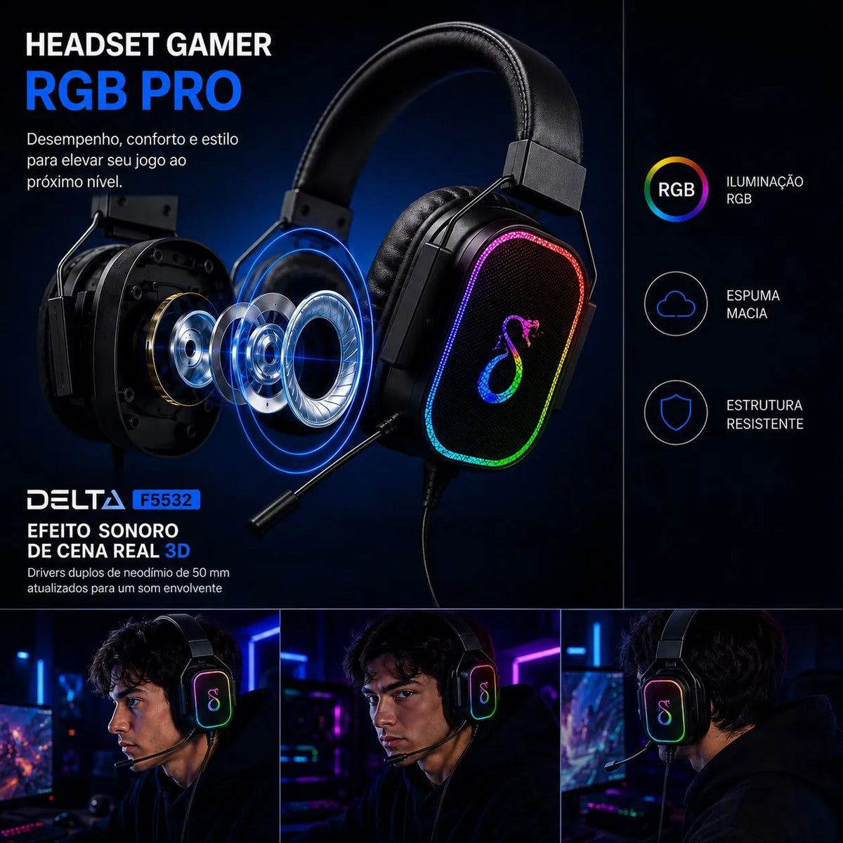 Fone de Ouvido Headset Gamer RGB com Microfone P2 e USB Aitek Delta F5532