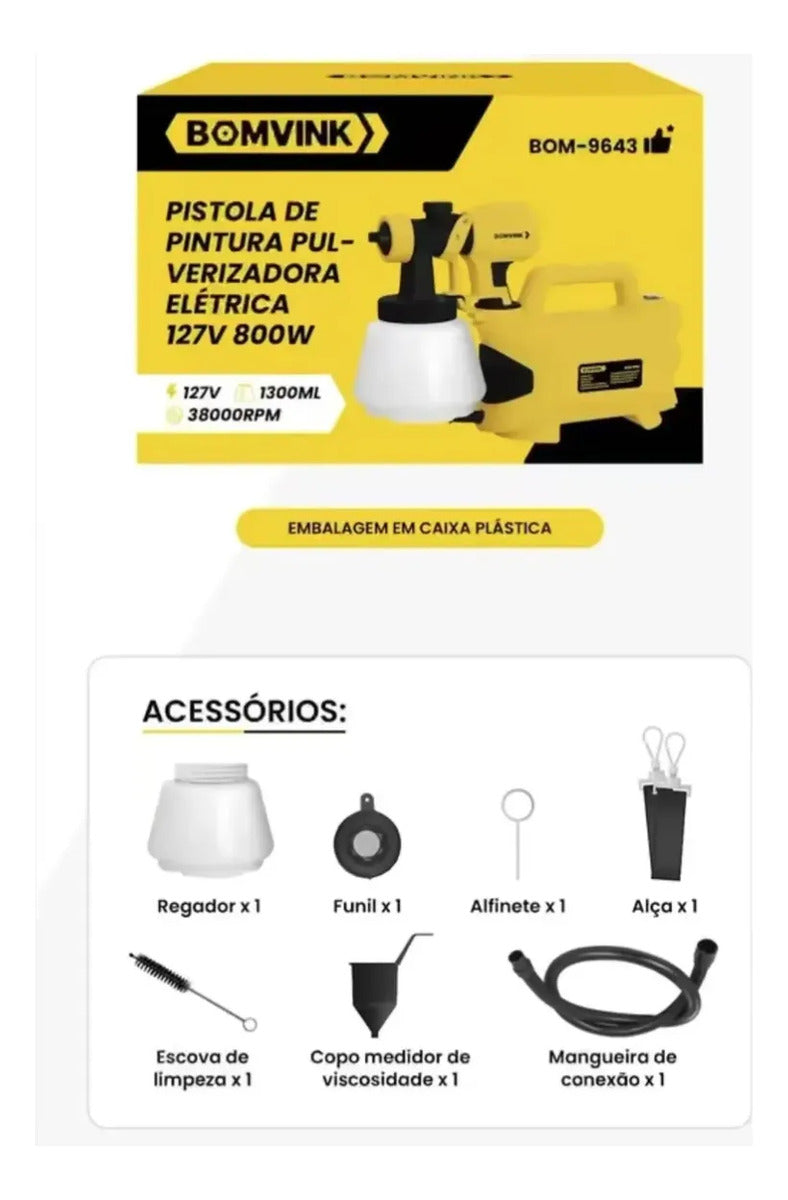 Pistola Pulverizadora Elétrica para Pintura 800W com Reservatório de 1300 ml Bomvink BOM-9643