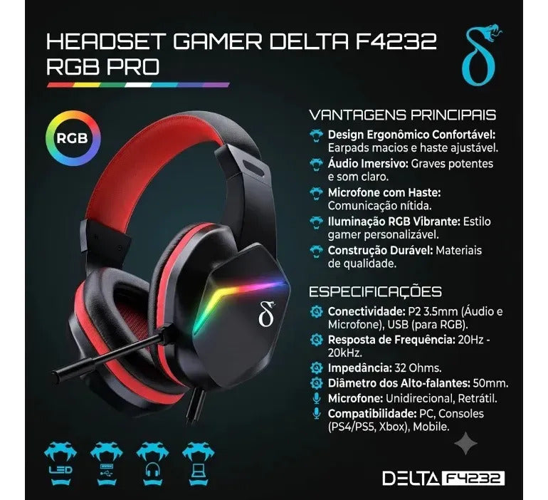 Fone de Ouvido Headset Gamer RGB com Fio USB P2 e Microfone Aitek Delta F4232