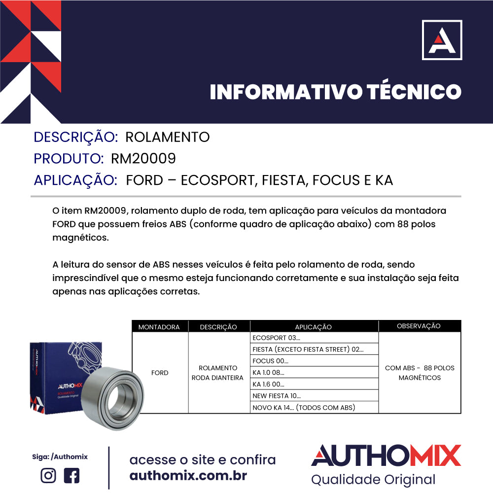 Rolamento de Roda Dianteira Authomix RM20009 Ford Focus/Ka Sedan/Ecosport/Ka/Fiesta