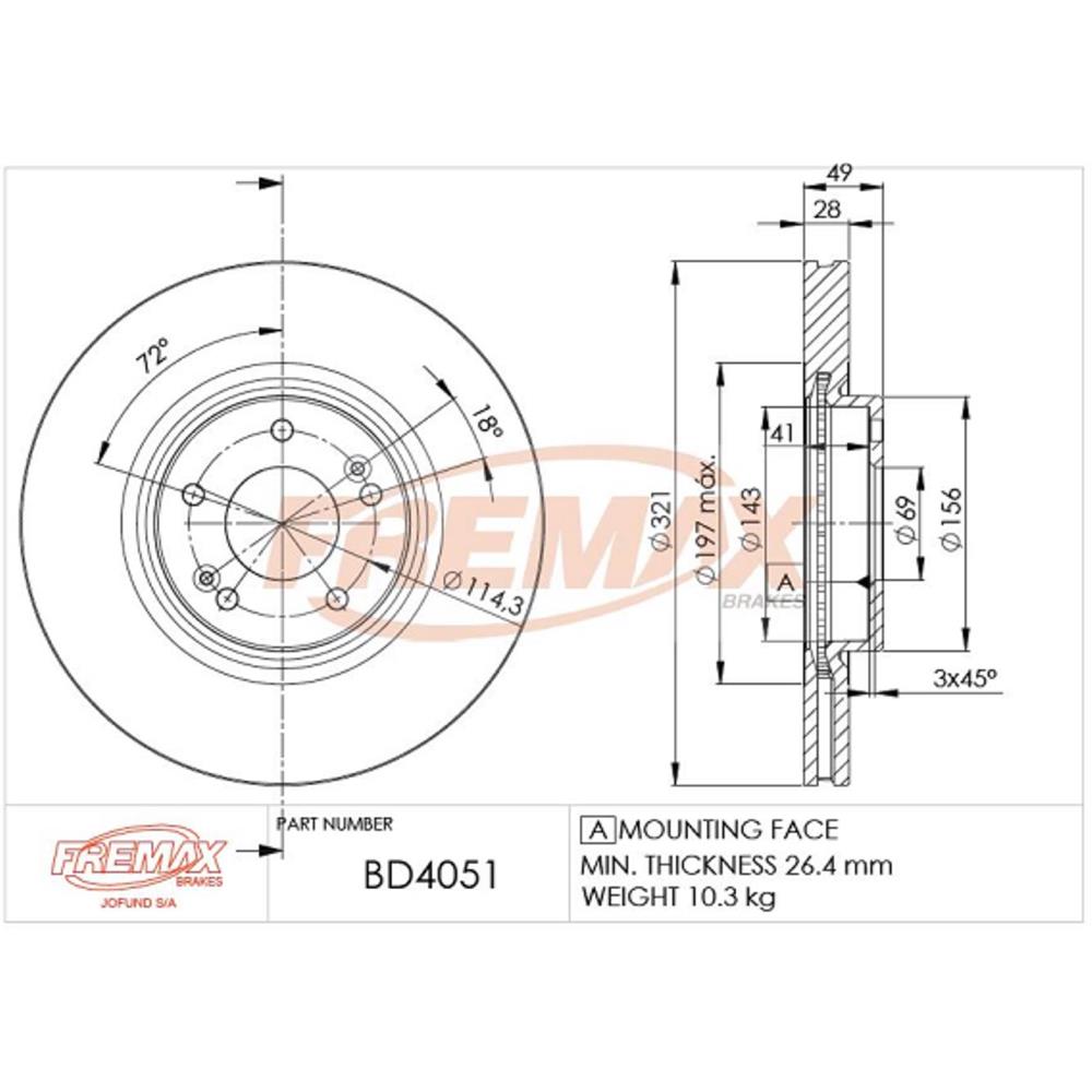 Disco de Freio Ventilado Dianteiro Fremax BD4051 Kia Sorento, Hyundai Santa FÉ/Grand Santa FÉ