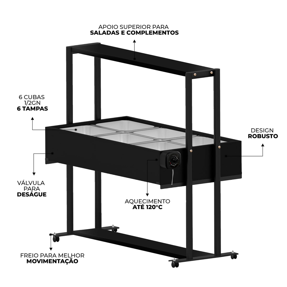 Buffet Térmico Aquecido Saro BF6 com 6 Cubas Inox, Tampa e Rodízios