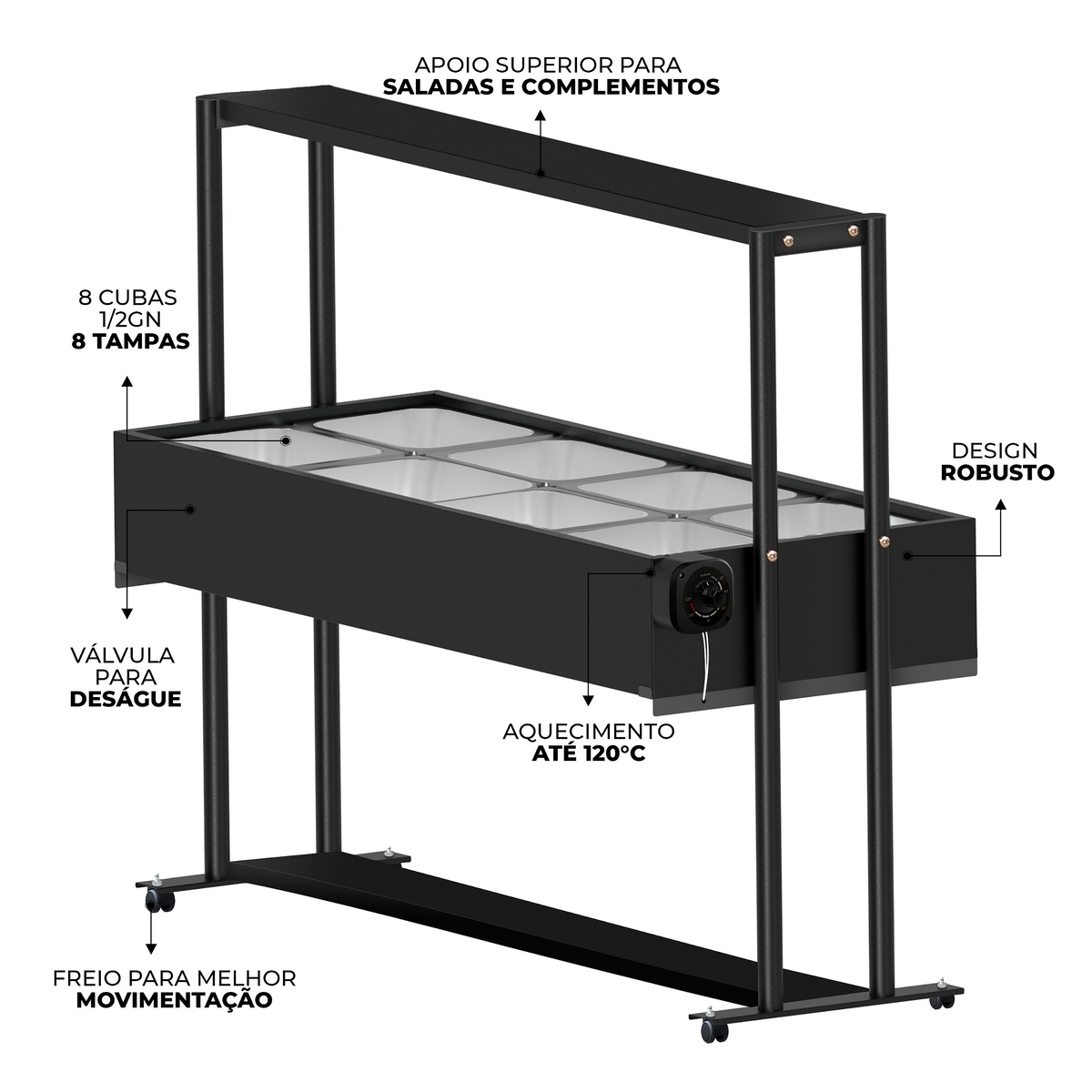 Buffet Térmico Aquecido Saro BF8 com 8 Cubas Inox, Tampa e Rodízios