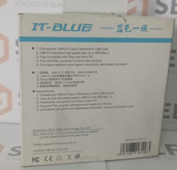 Cabo de Dados USB para V8 (Micro USB) 1m 2.0 Nylon Trançado IT-Blue 11613