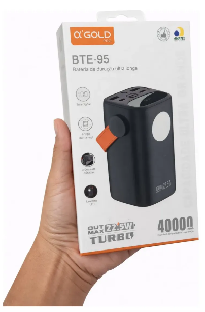 Carregador Portátil Power Bank 40000mAh 22.5W com USB-A e USB-C A'Gold BTE-95