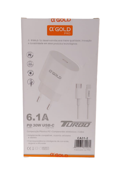 Carregador Type-C para iPhone Turbo 30W 6.1A com Porta Type-C A'Gold CA31-2
