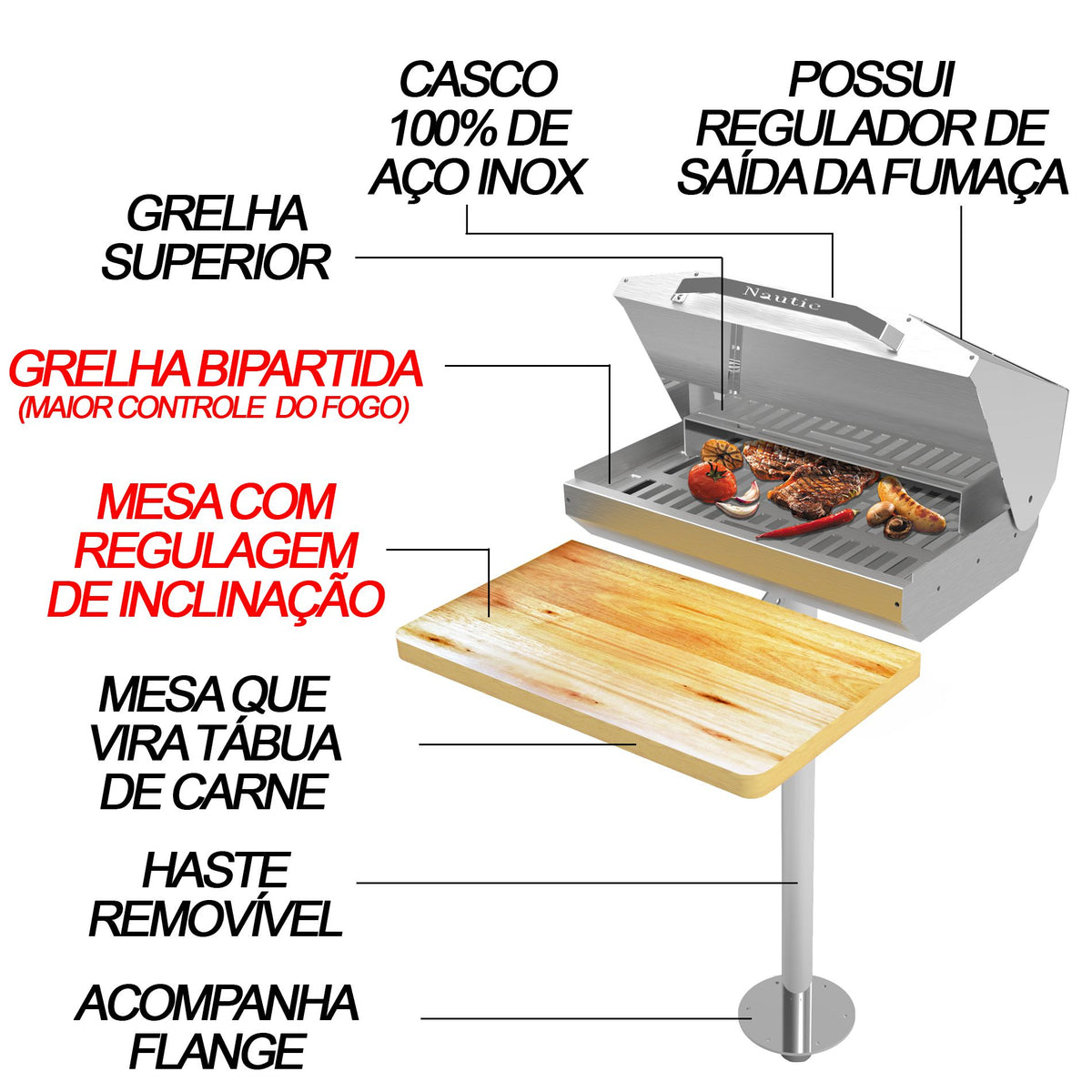 Churrasqueira Náutica Retangular Inox Saro CN-RETANGULAR para Barco e Lancha