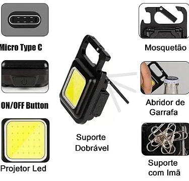 Chaveiro Lanterna LED Multifuncional Recarregável 800 Lumens com Ímã B-Max BM8517