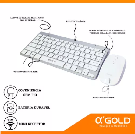 Combo Teclado e Mouse Óptico sem Fio 2.4GHz Layout ABNT2 A'Gold TCD-02