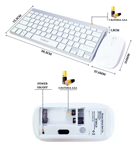 Combo Teclado e Mouse Óptico sem Fio 2.4GHz Layout ABNT2 A'Gold TCD-02