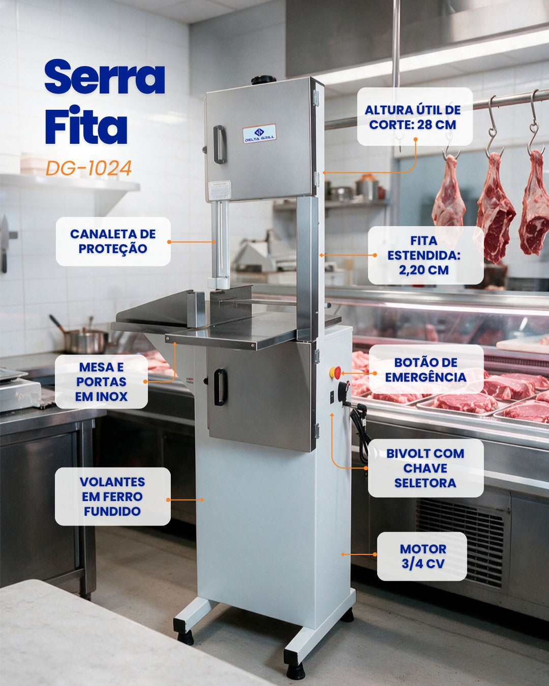 Serra Fita Semi Inox 2,20 m Mesa Móvel 3/4 CV Bivolt Delta Grill DG-1024