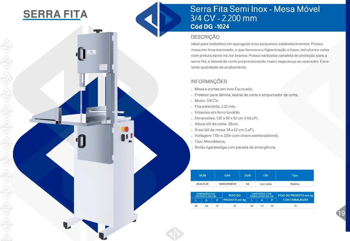 Serra Fita Semi Inox 2,20 m Mesa Móvel 3/4 CV Bivolt Delta Grill DG-1024