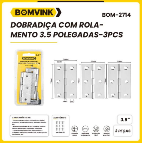 Dobradiça com Rolamento 3.5 Polegadas Bomvink BOM-2714