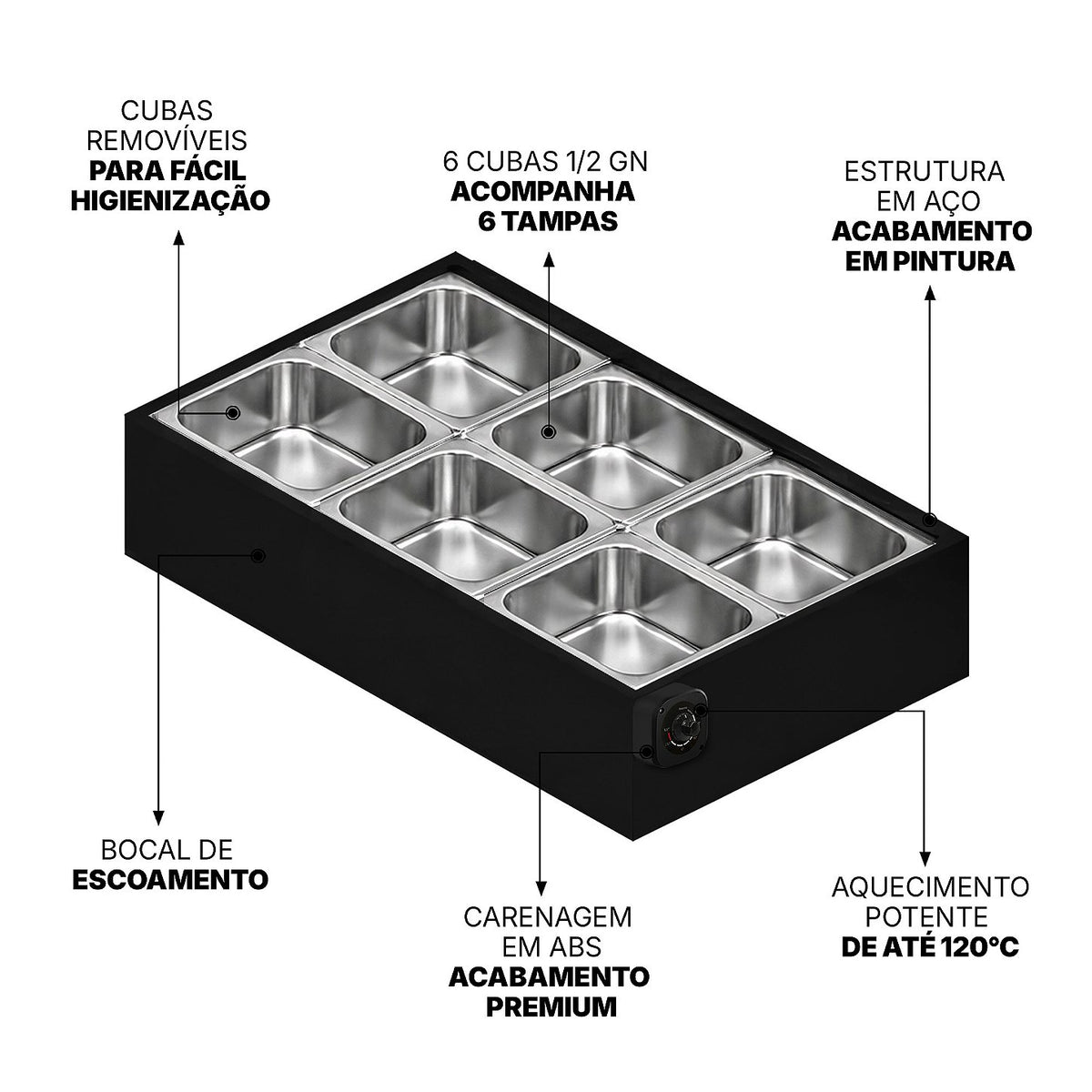 Buffet Térmico de Mesa Aquecido Saro BFM6 6 Cubas com Tampa