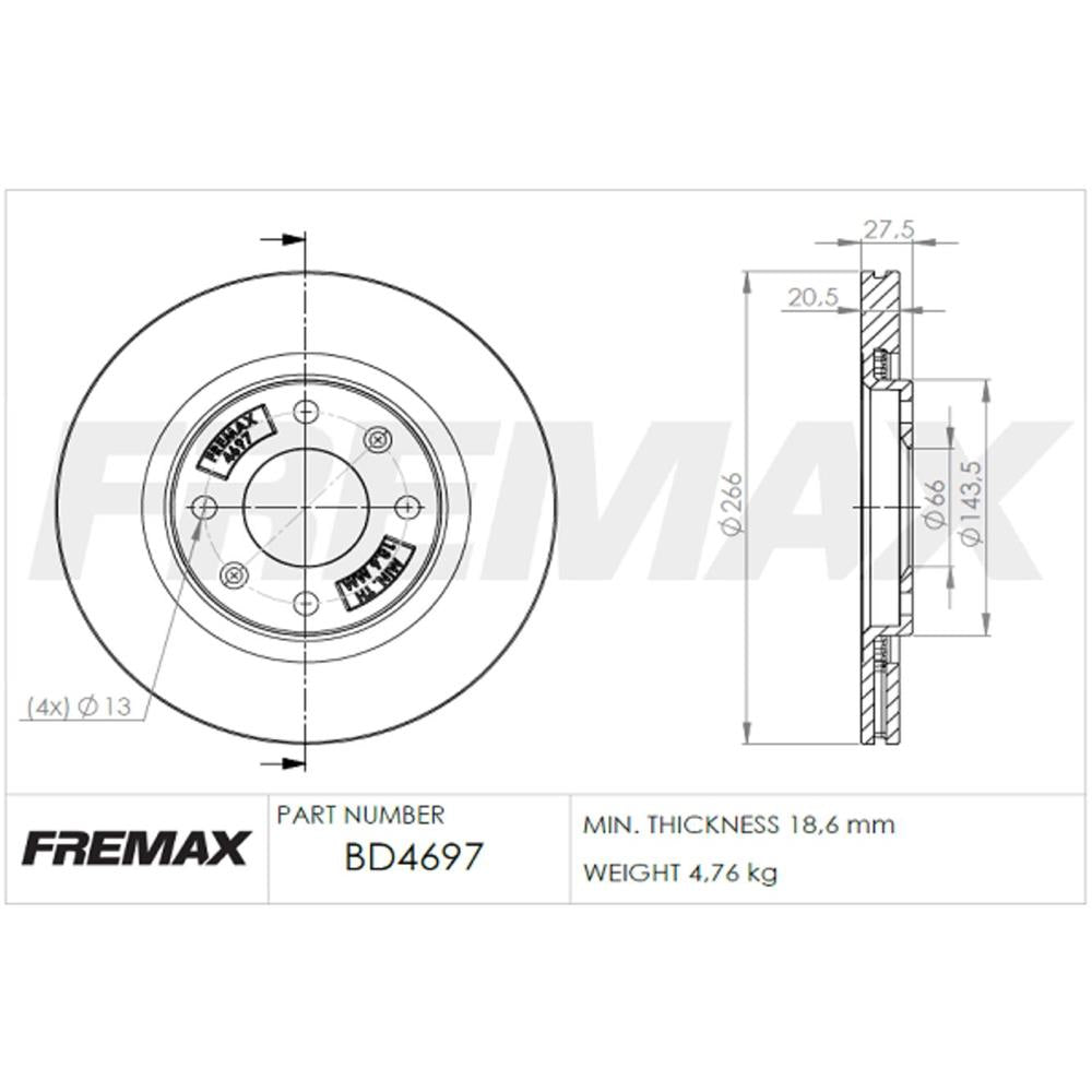 Disco de Freio Ventilado Dianteiro Fremax BD4697 Caixa com 2 Peugeot 206/306/405/Partner, Citroen Xsara Picasso/Xantia/ZX/Xsara/Berlingo