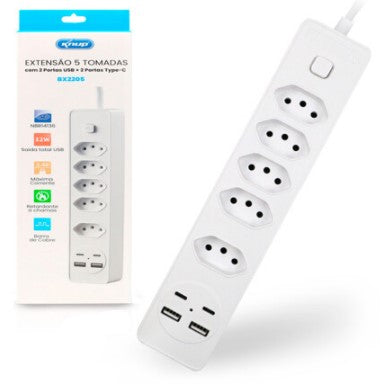 Extensão com 5 Tomadas Tripolar, 2 Portas USB e 2 USB-C 2m 12W 2.4A Knup BX2205