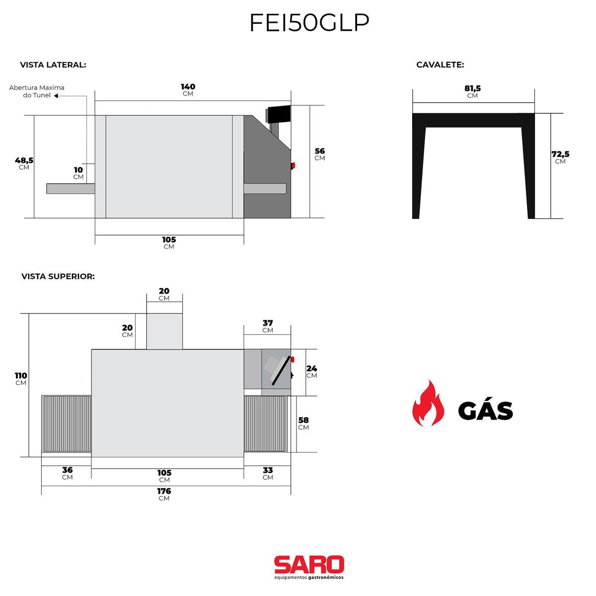 Forno de Esteira Industrial para Pizza a Gás GLP Saro FEI50GLP 50 cm