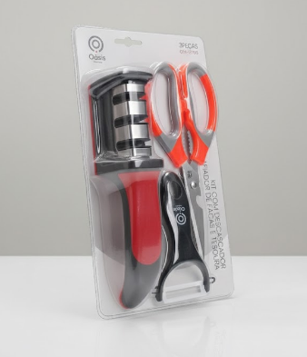 Kit Descascador de Legumes com Tesoura e Afiador de Facas 3 Unidades Oasis OIH-2703