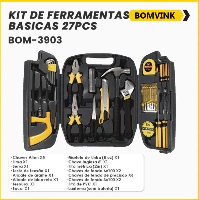Kit de Ferramentas Básico com 27 Peças e Maleta Plástica Bomvink BOM-3903