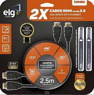 Kit com 2 Cabos HDMI 2.0 de 2,5m 18Gbps HDR com Organizadores de Cabos ELG HS2525
