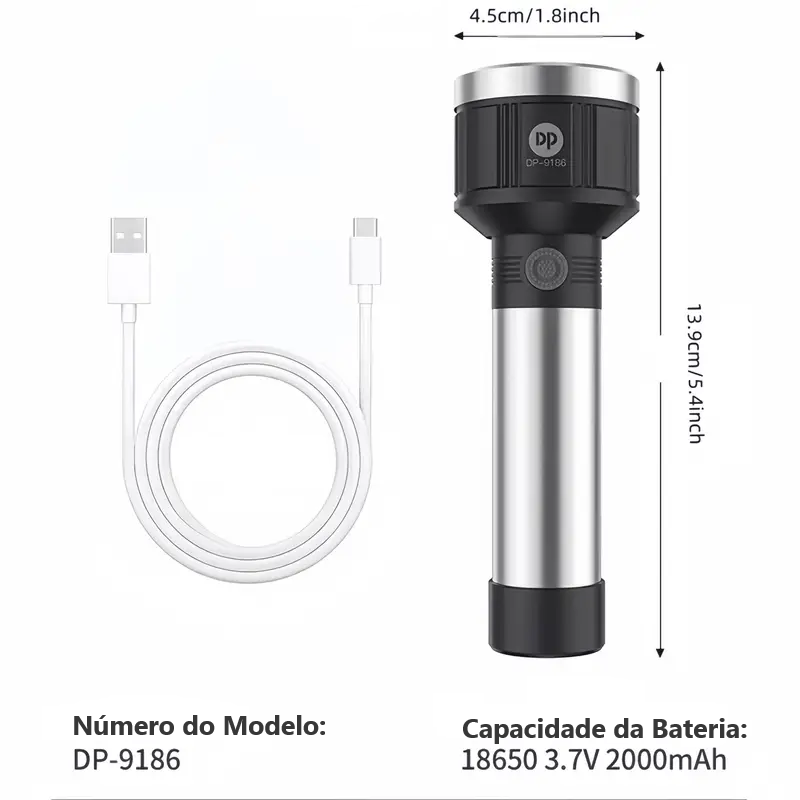 Lanterna Manual Recarregável 3W com Zoom e 3 Modos de Foco Bateria 18650 DP-9186