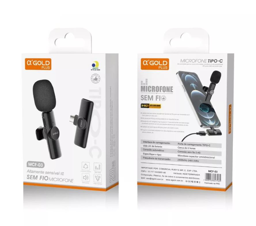 Microfone de Lapela Sem Fio 2.4G para Type-C com Receptor e Cabo USB A'Gold MCF-03