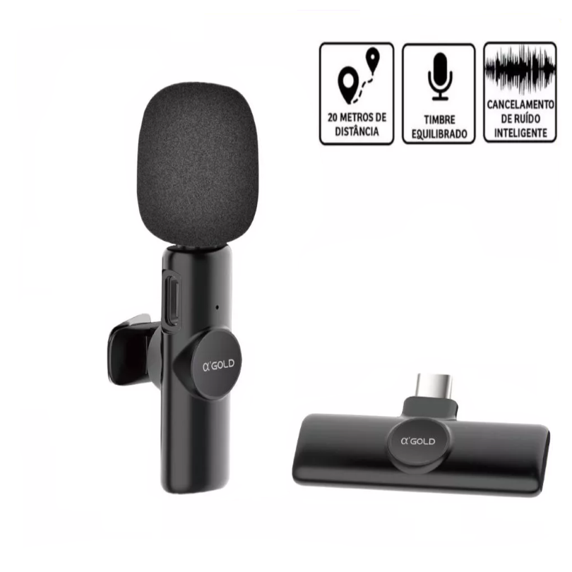 Microfone de Lapela Sem Fio 2.4G para Type-C com Receptor e Cabo USB A'Gold MCF-03