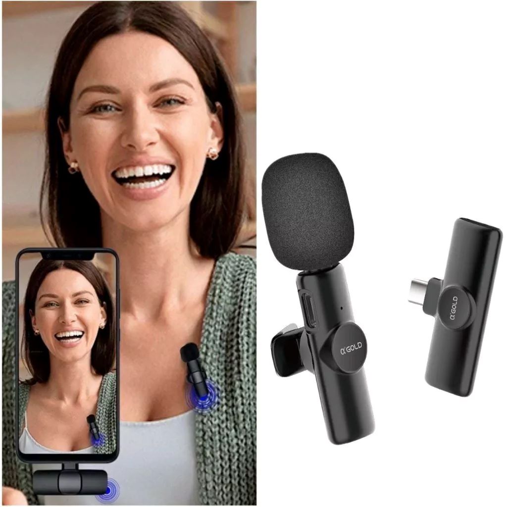 Microfone de Lapela Sem Fio 2.4G para Type-C com Receptor e Cabo USB A'Gold MCF-03