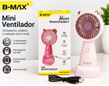 Mini Ventilador de Mesa 3W com Suporte para Celular B-Max BM-F950