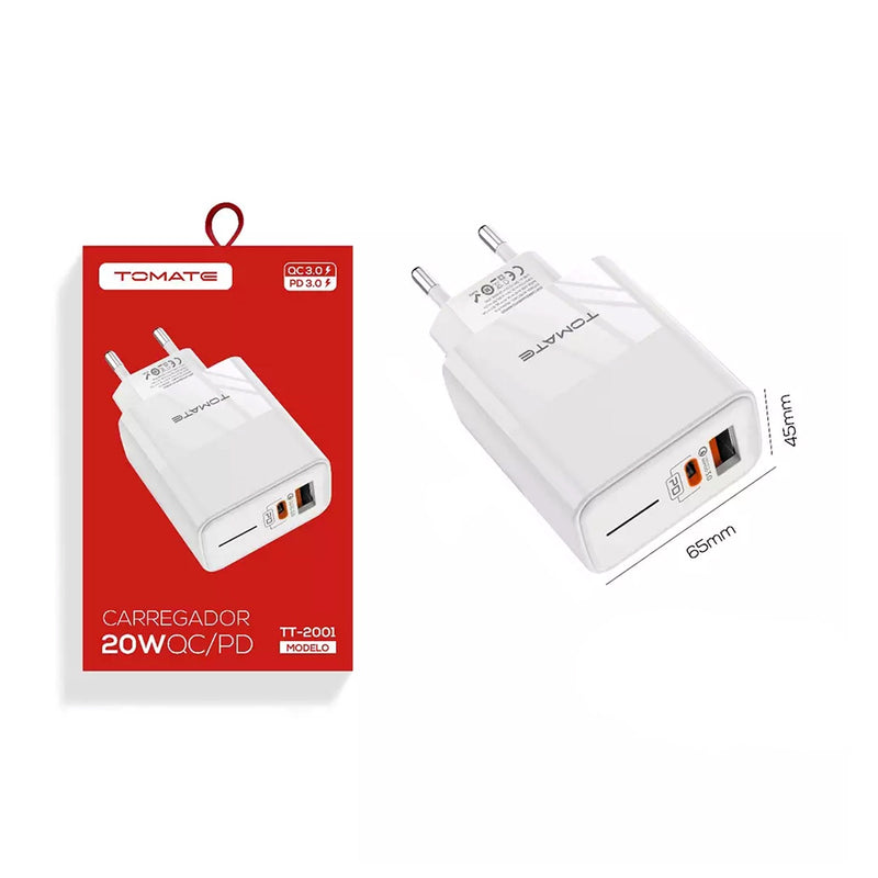 Carregador Turbo Com Porta Usb E Usb-C 20w Tomate