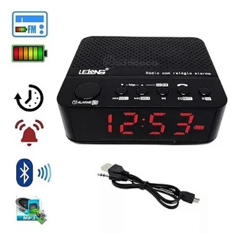 Rádio Relógio com Alarme, Bluetooth, FM e Entrada SD 3W Lelong LE-674