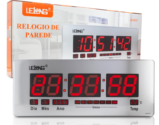 Relógio de Parede Digital LED com Calendário, Termômetro e Alarme Lelong LE-2117